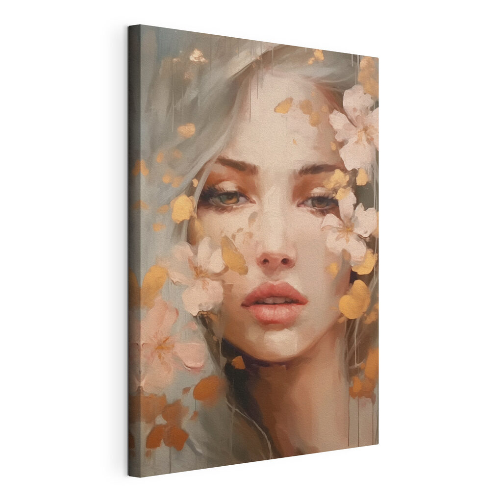 Blik tussen zachte bloesems, gespannen canvas met doorlopende rand