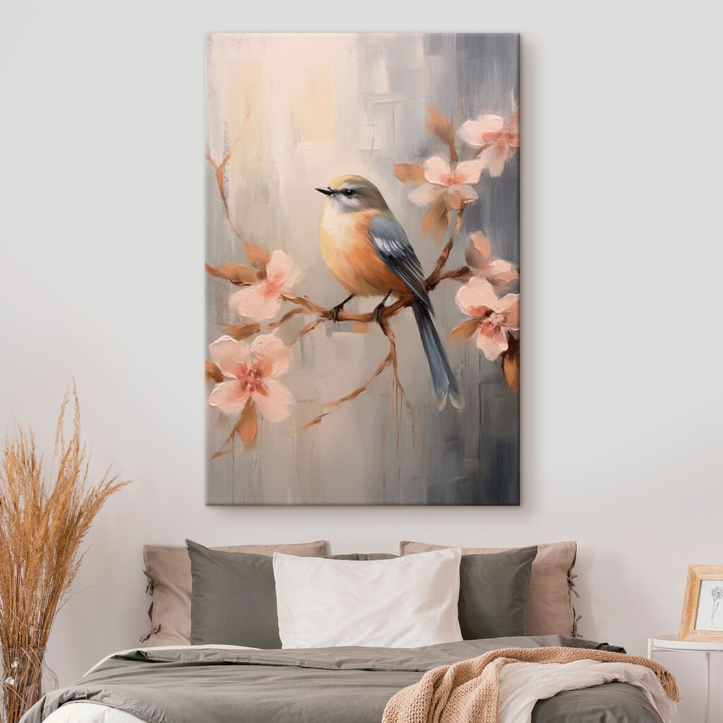 Vogel op roze bloesemtak — interieur 1