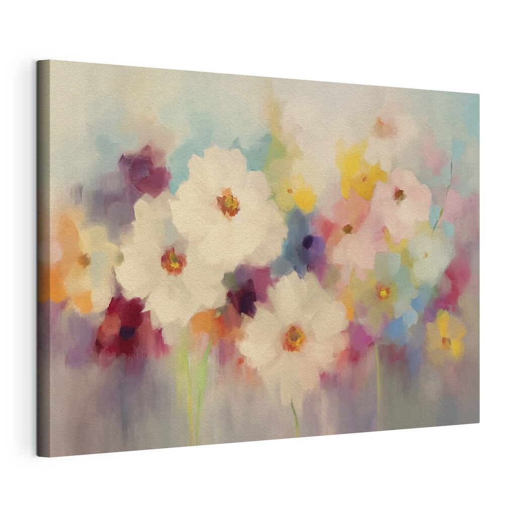 Zomerbloemen in zachte kleurvlekken, gespannen canvas met doorlopende rand