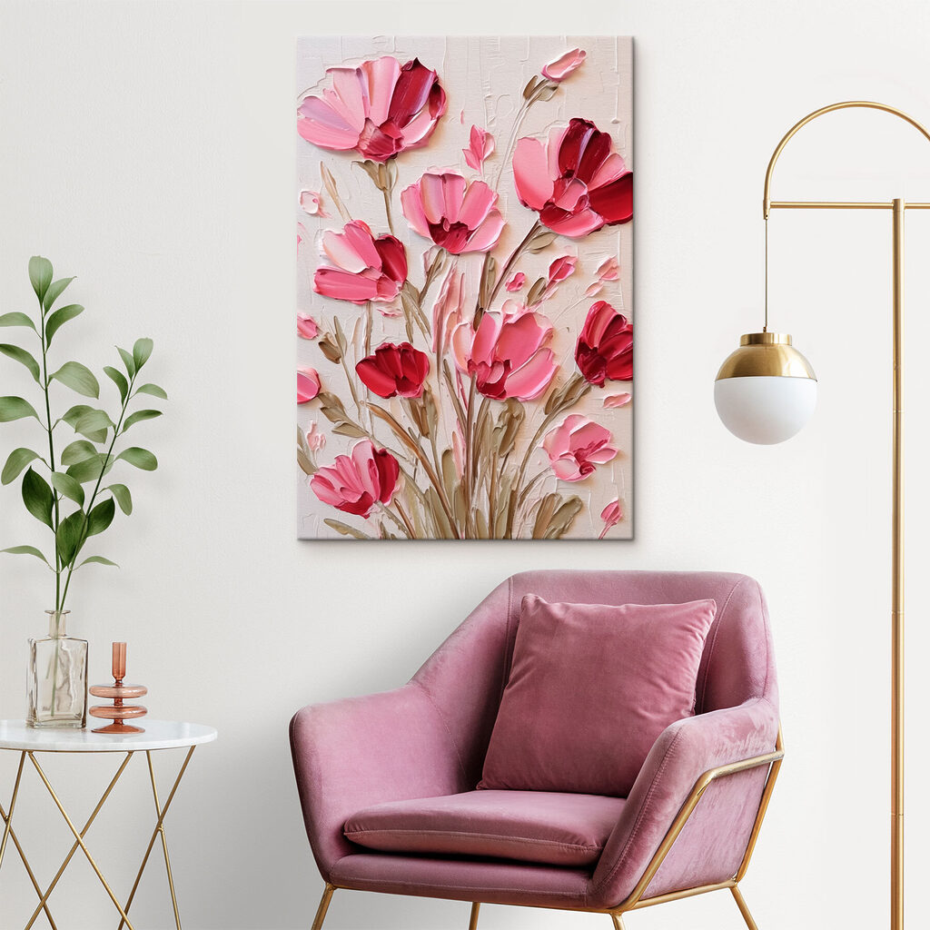 Roze klaprozen op stelen — interieur 1