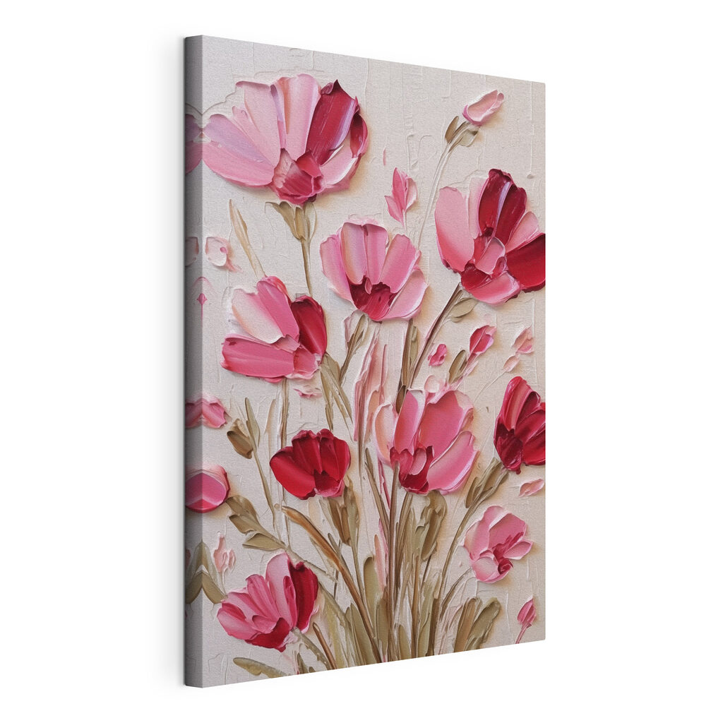 Roze klaprozen op stelen, gespannen canvas met doorlopende rand