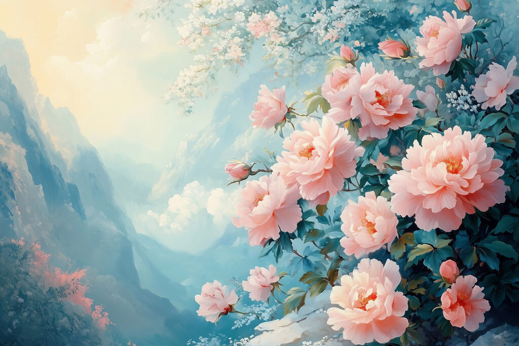 Roze rozen boven bergnevel — volledig ontwerp