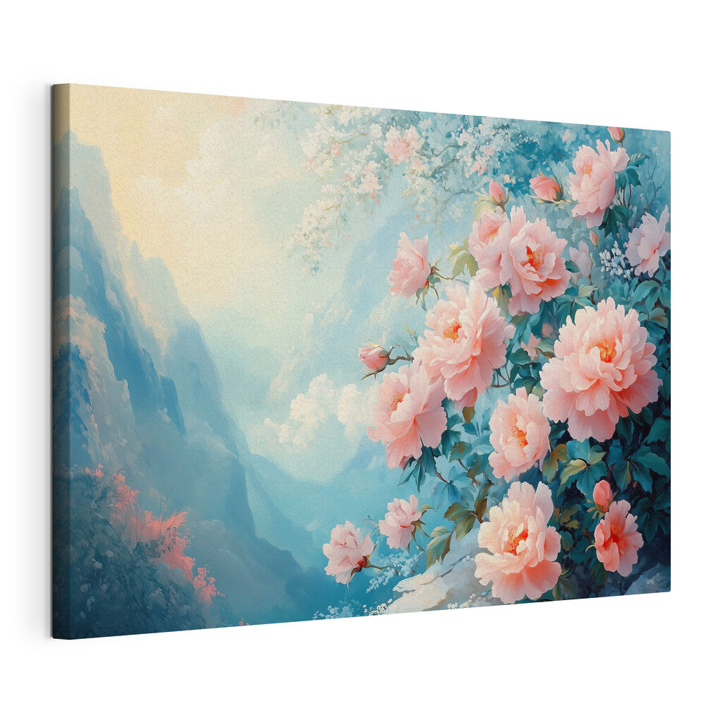 Roze rozen boven bergnevel, gespannen canvas met doorlopende rand
