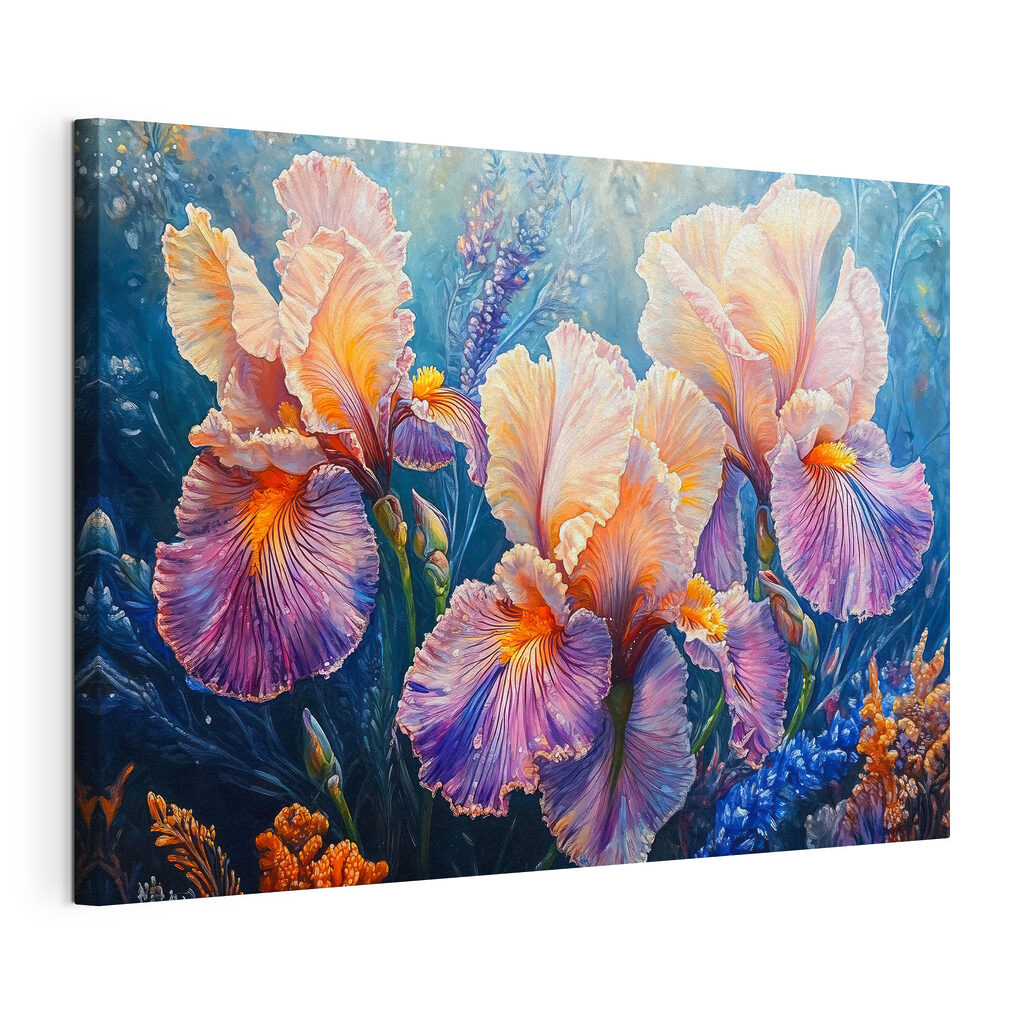 Irissen in avondblauw, gespannen canvas met doorlopende rand