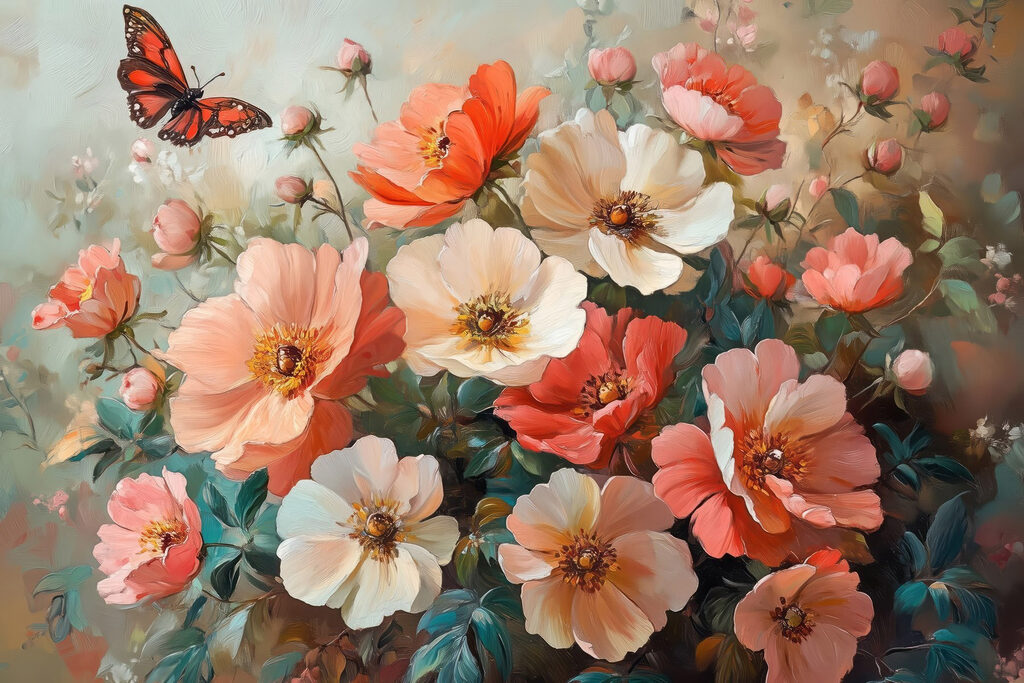 Vlinder bij zachte veldbloemen — volledig ontwerp