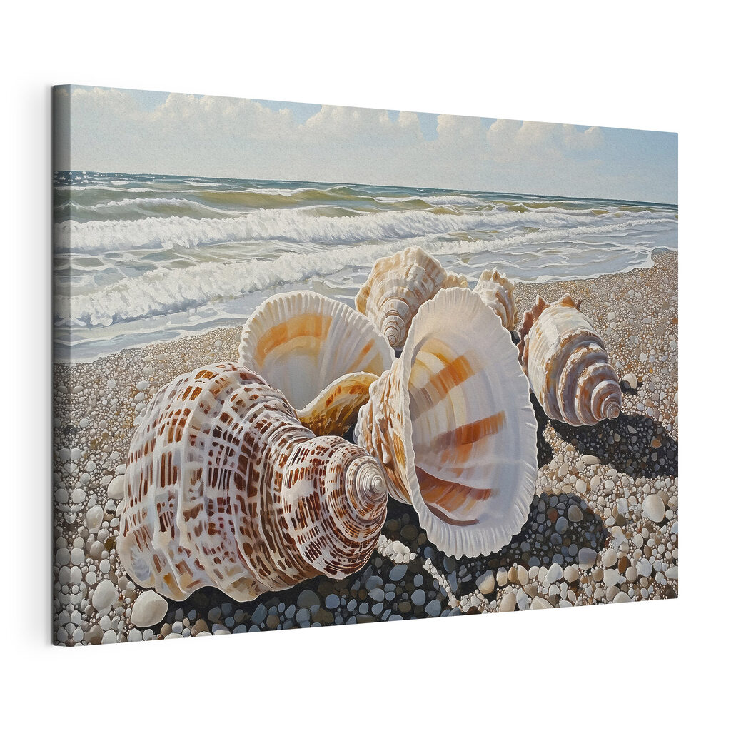 Schelpen aan de branding, gespannen canvas met doorlopende rand
