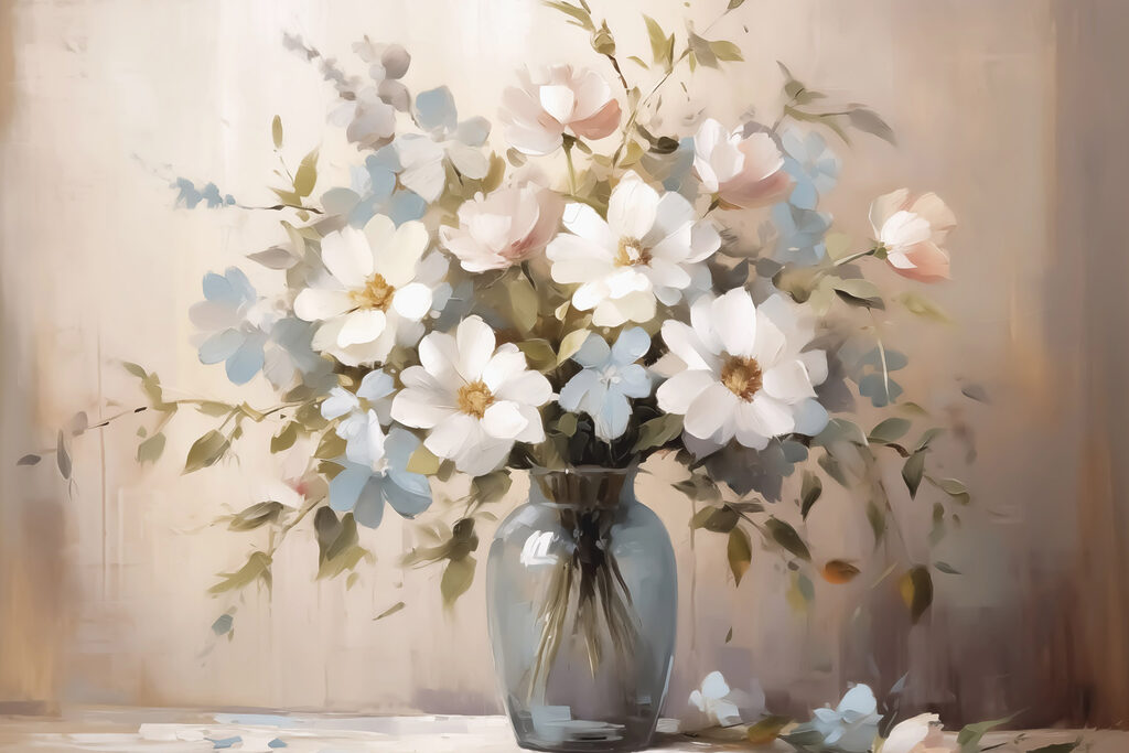 Witte bloemen in grijs — volledig ontwerp