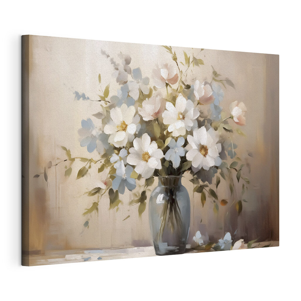 Witte bloemen in grijs, gespannen canvas met doorlopende rand