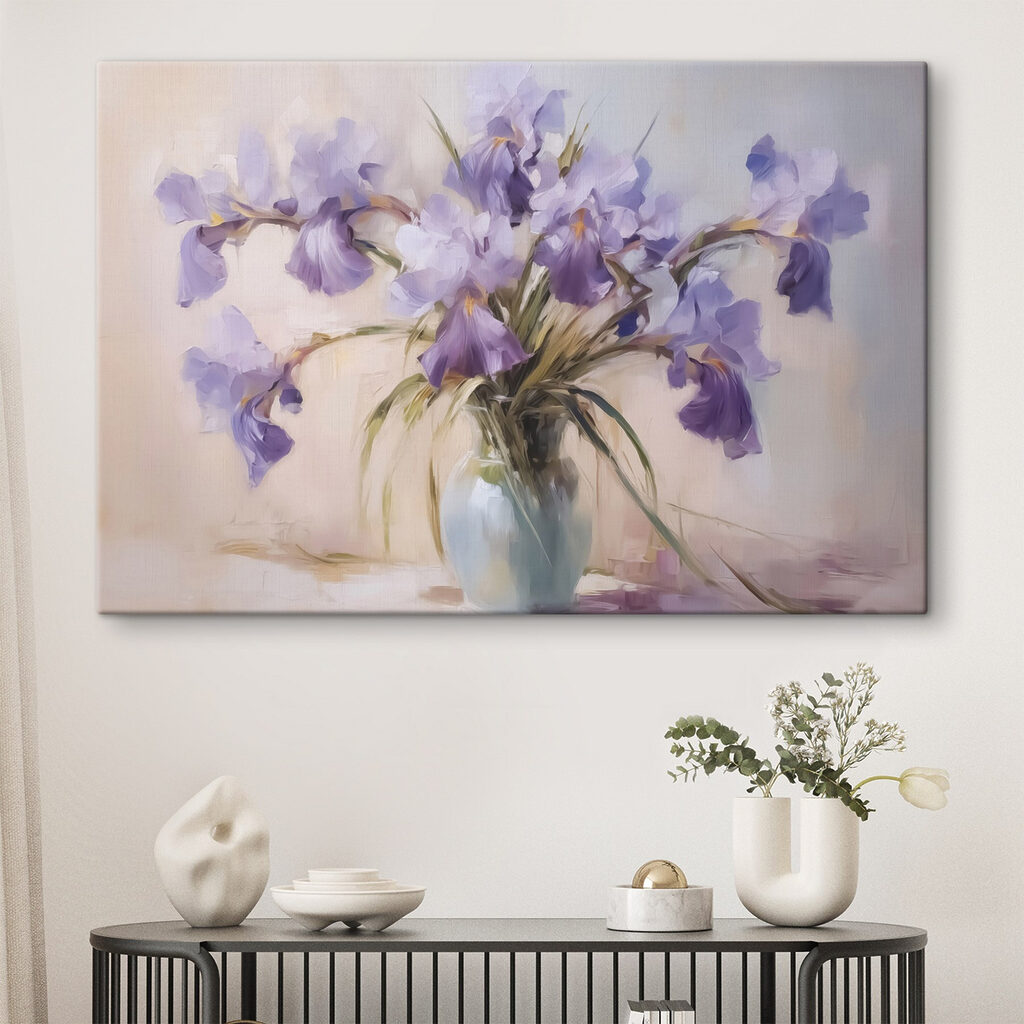 Paarse irissen in glas — interieur 1