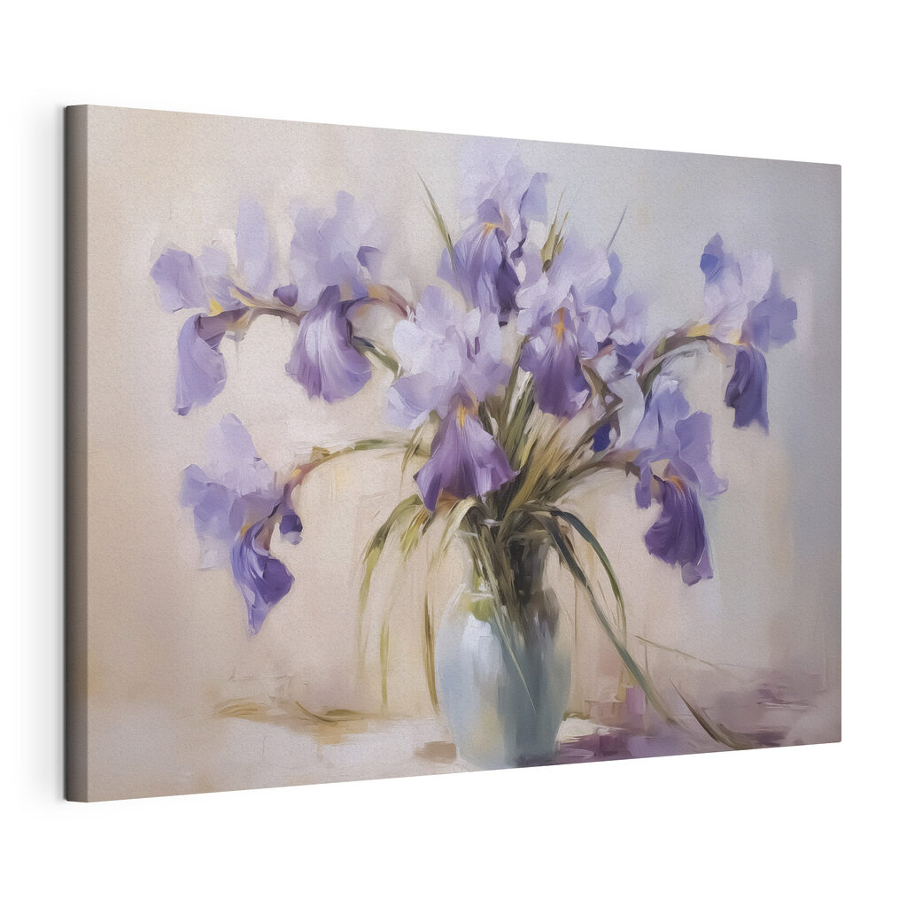 Paarse irissen in glas, gespannen canvas met doorlopende rand