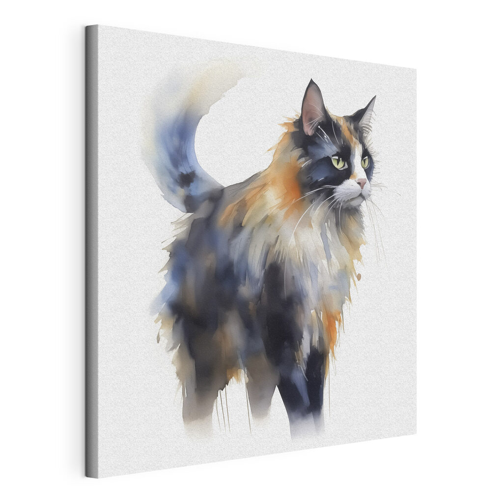Bonte kat in aquarel, gespannen canvas met doorlopende rand