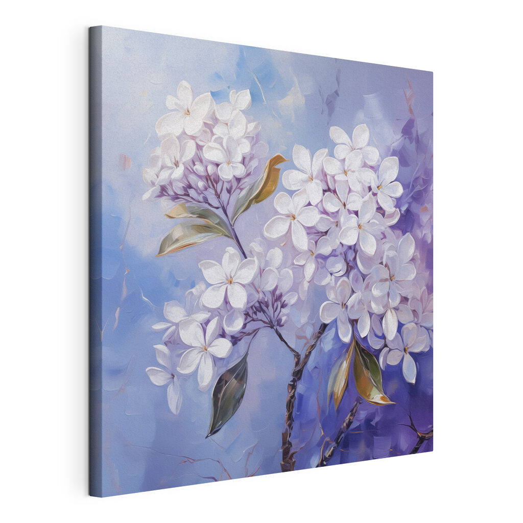 Lila bloei op blauw, gespannen canvas met doorlopende rand