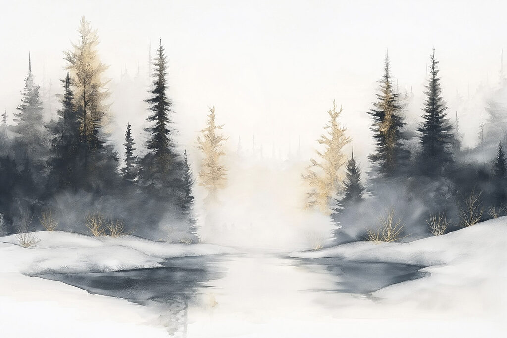 Dennen rond stille winterplas — volledig ontwerp