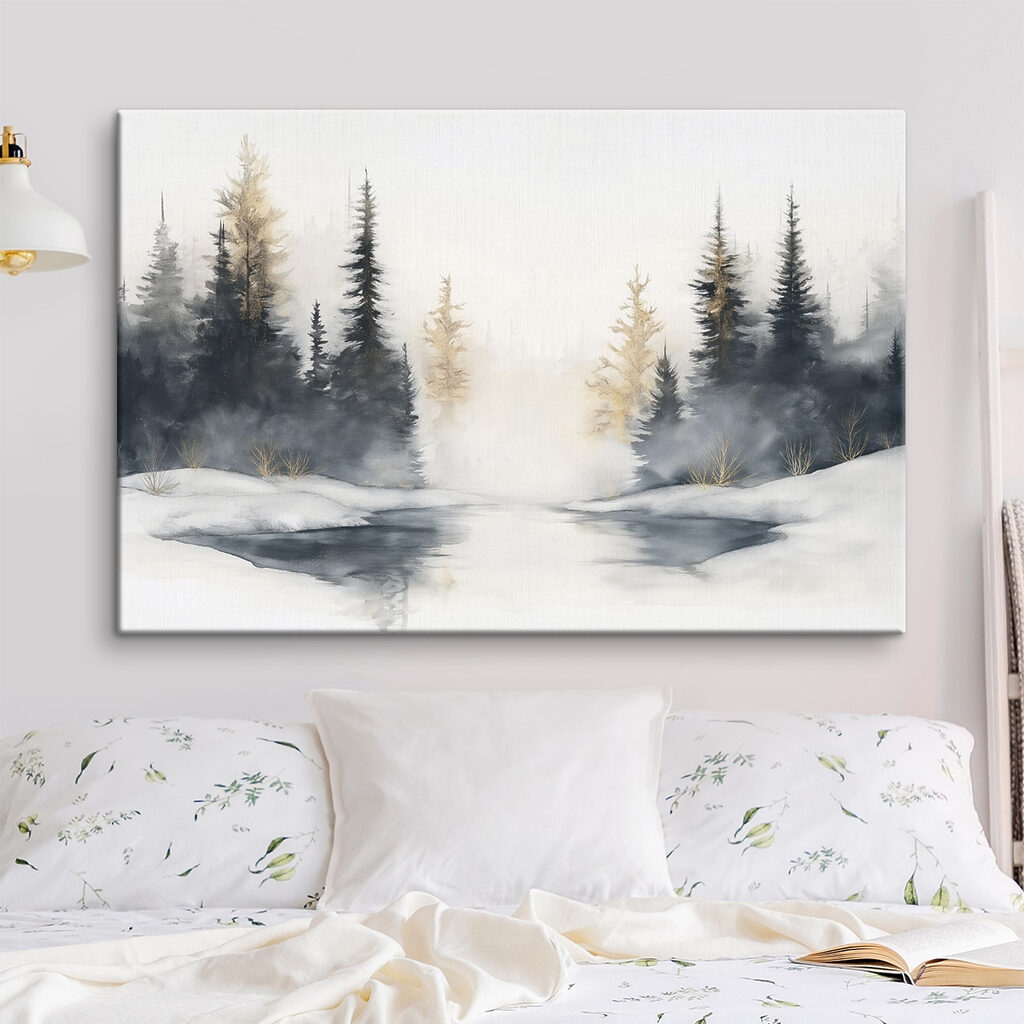 Dennen rond stille winterplas — interieur 1