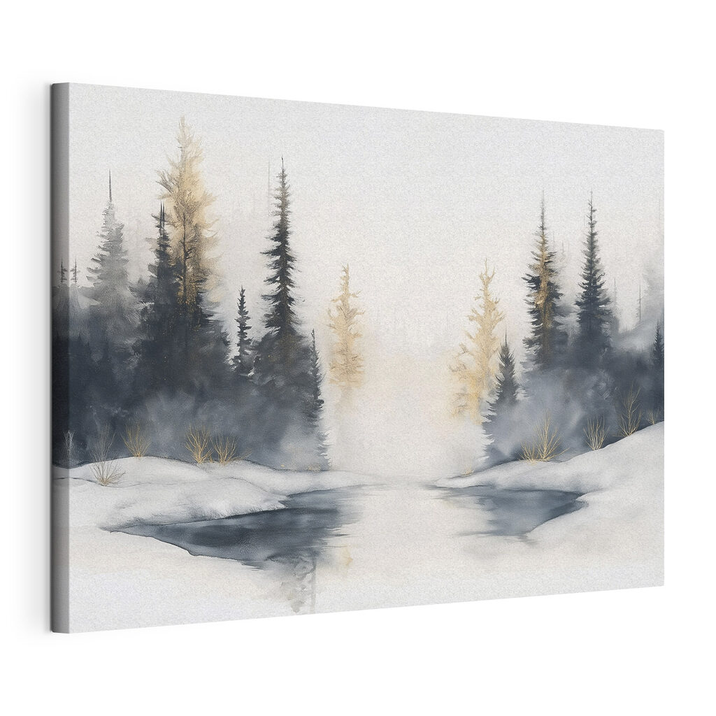 Dennen rond stille winterplas, gespannen canvas met doorlopende rand
