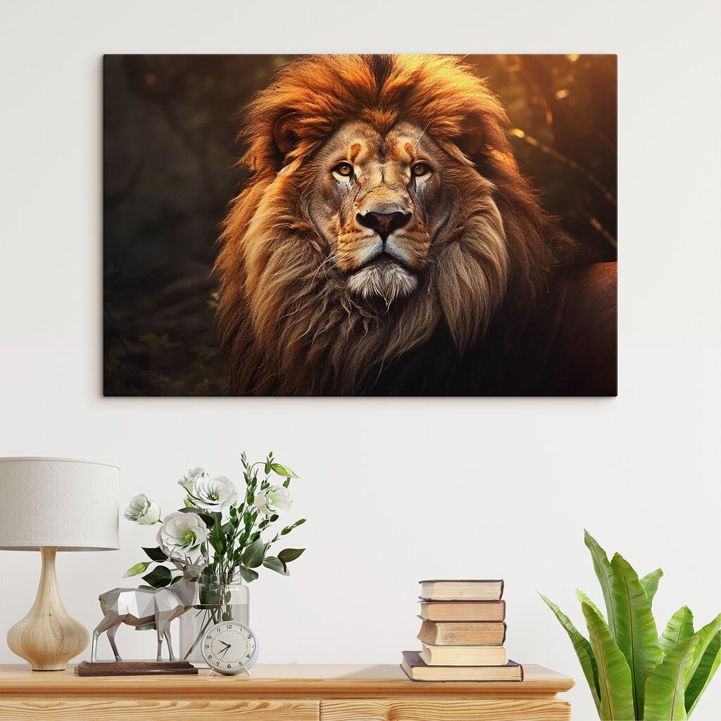 Leeuw met zonverlichte manen in een interieur