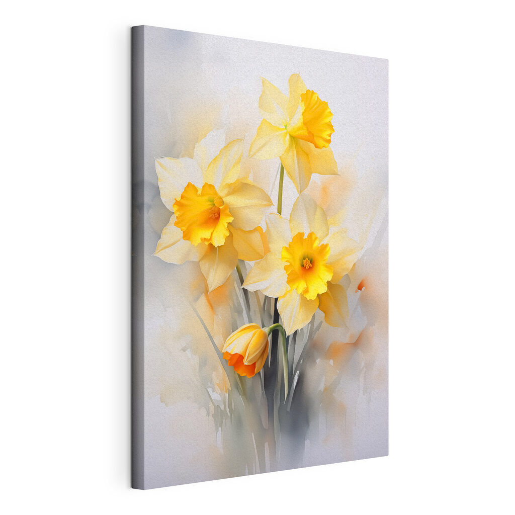 Narcissen met warme trompetten, gespannen canvas met doorlopende rand