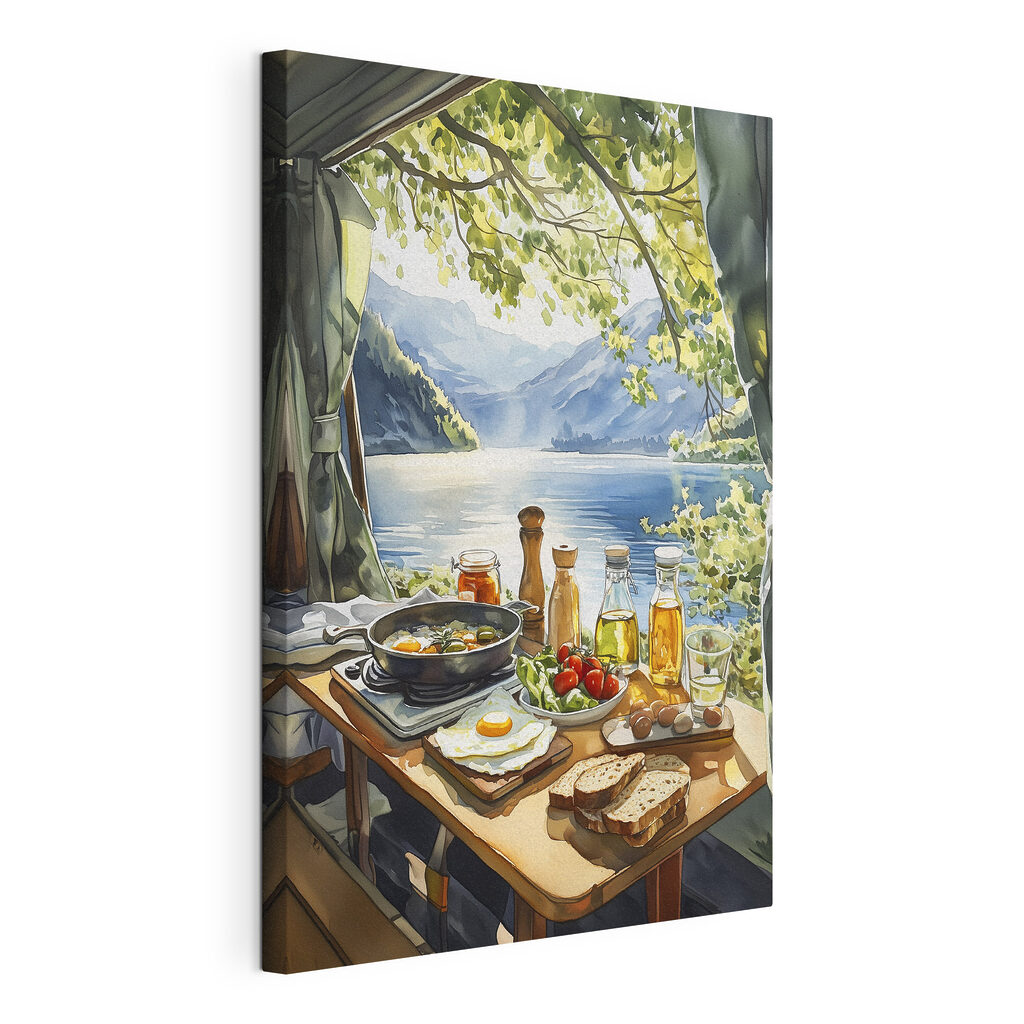Gedekte tafel aan bergmeer, gespannen canvas met doorlopende rand