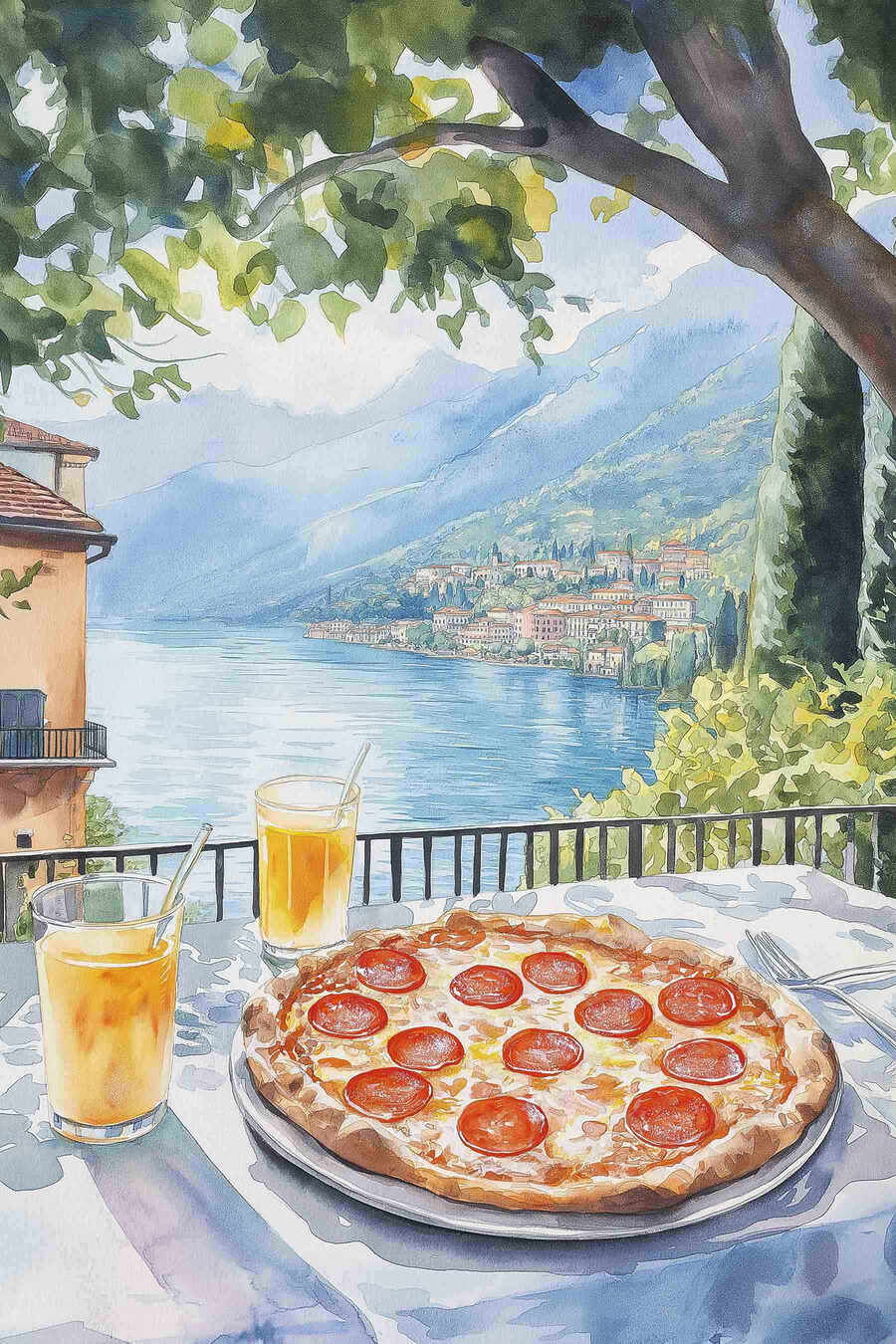 Pizza onder een boom — volledig ontwerp