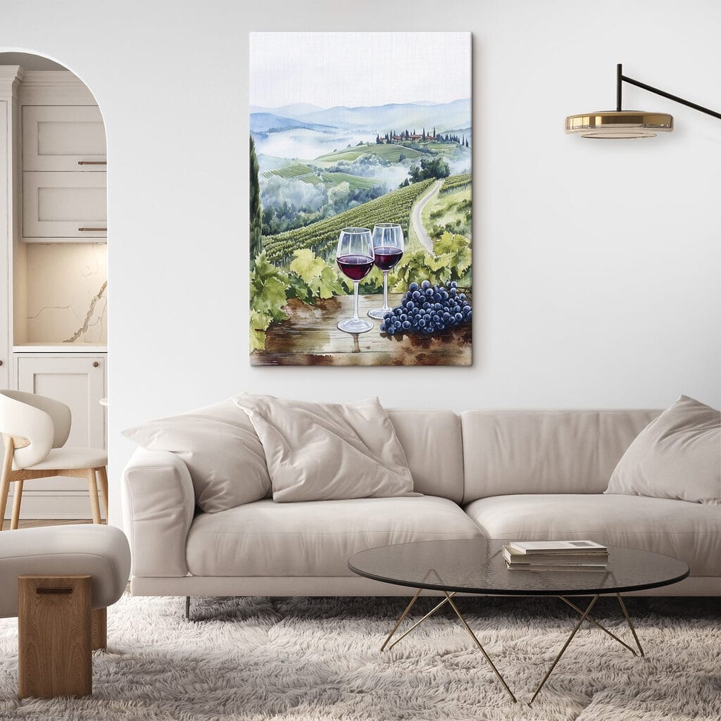 Twee wijnglazen boven wijngaarden — interieur 2