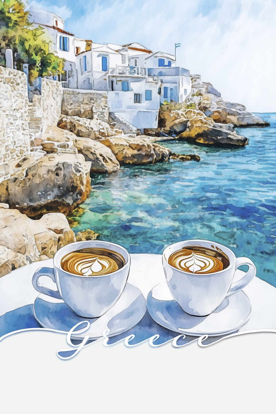 Cappuccino boven azuurblauwe rotsbaai — volledig ontwerp