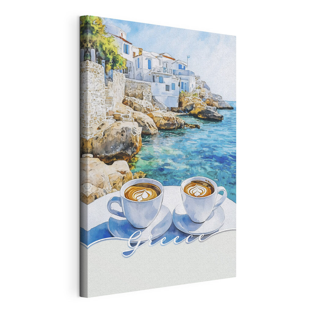 Cappuccino boven azuurblauwe rotsbaai, gespannen canvas met doorlopende rand