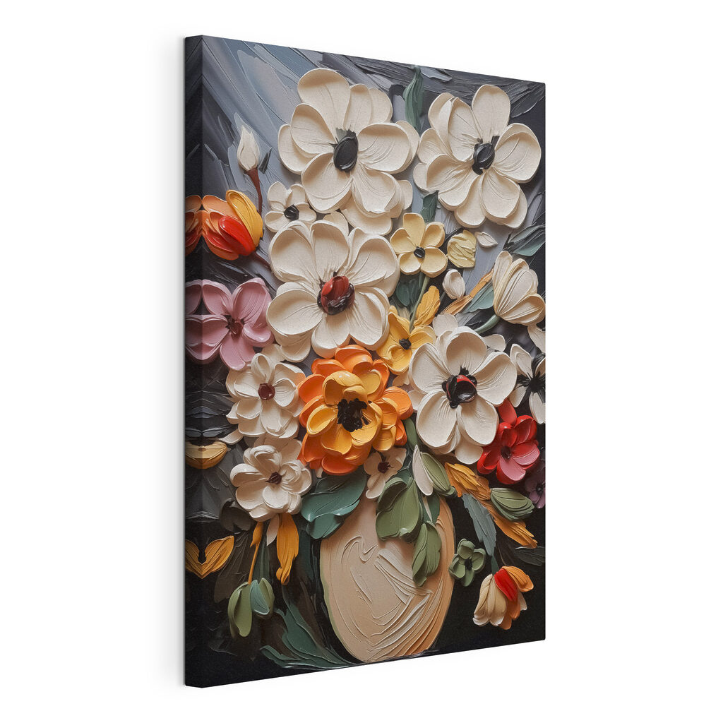 Bloemenvaas met warme accenten, gespannen canvas met doorlopende rand