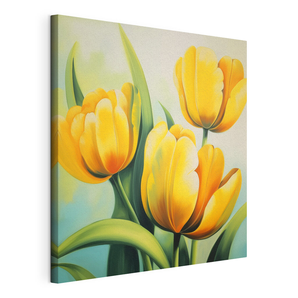 Gele tulpen in zonlicht, gespannen canvas met doorlopende rand