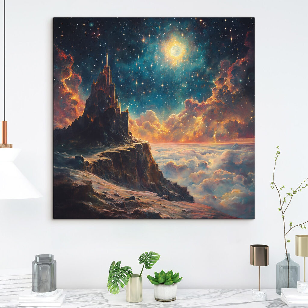 Kasteel boven de sterrenwolken in een interieur