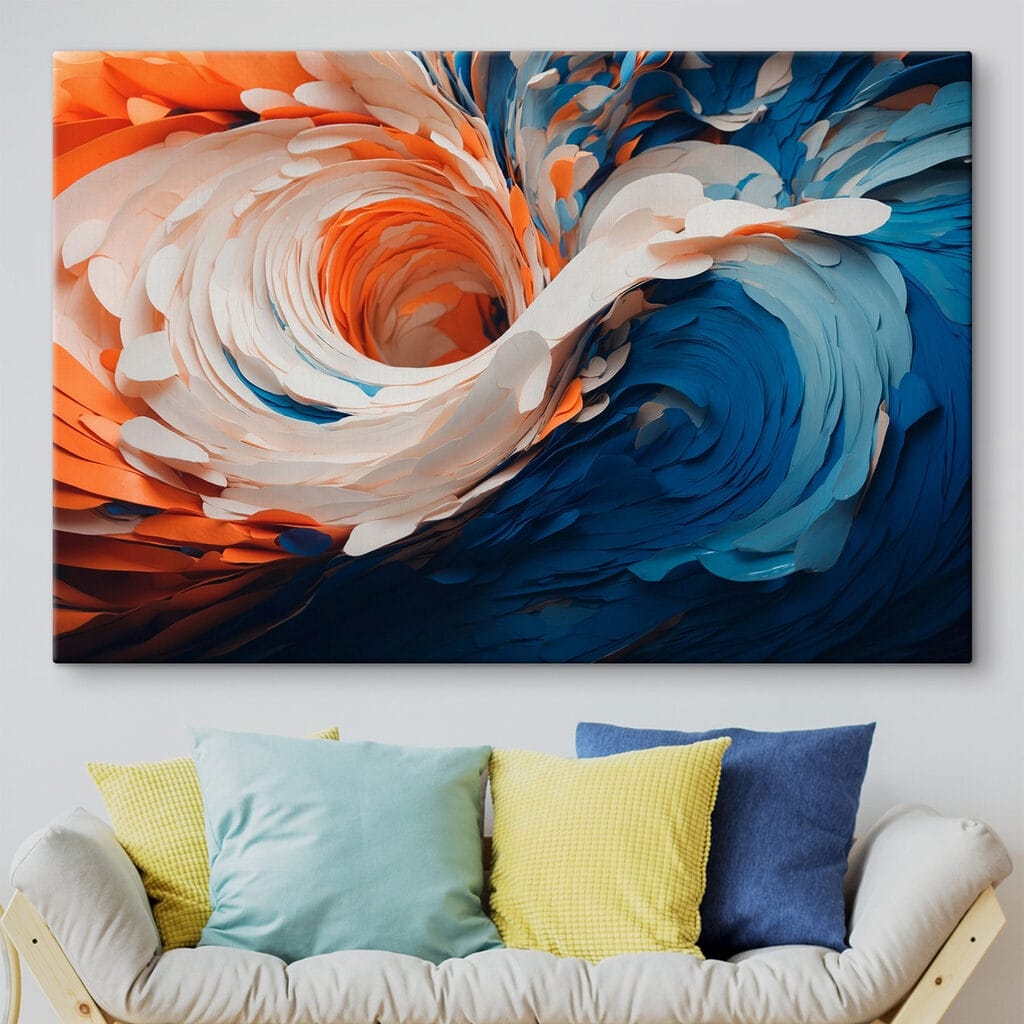 Draaikolk in blauw-oranje verf — interieur 2