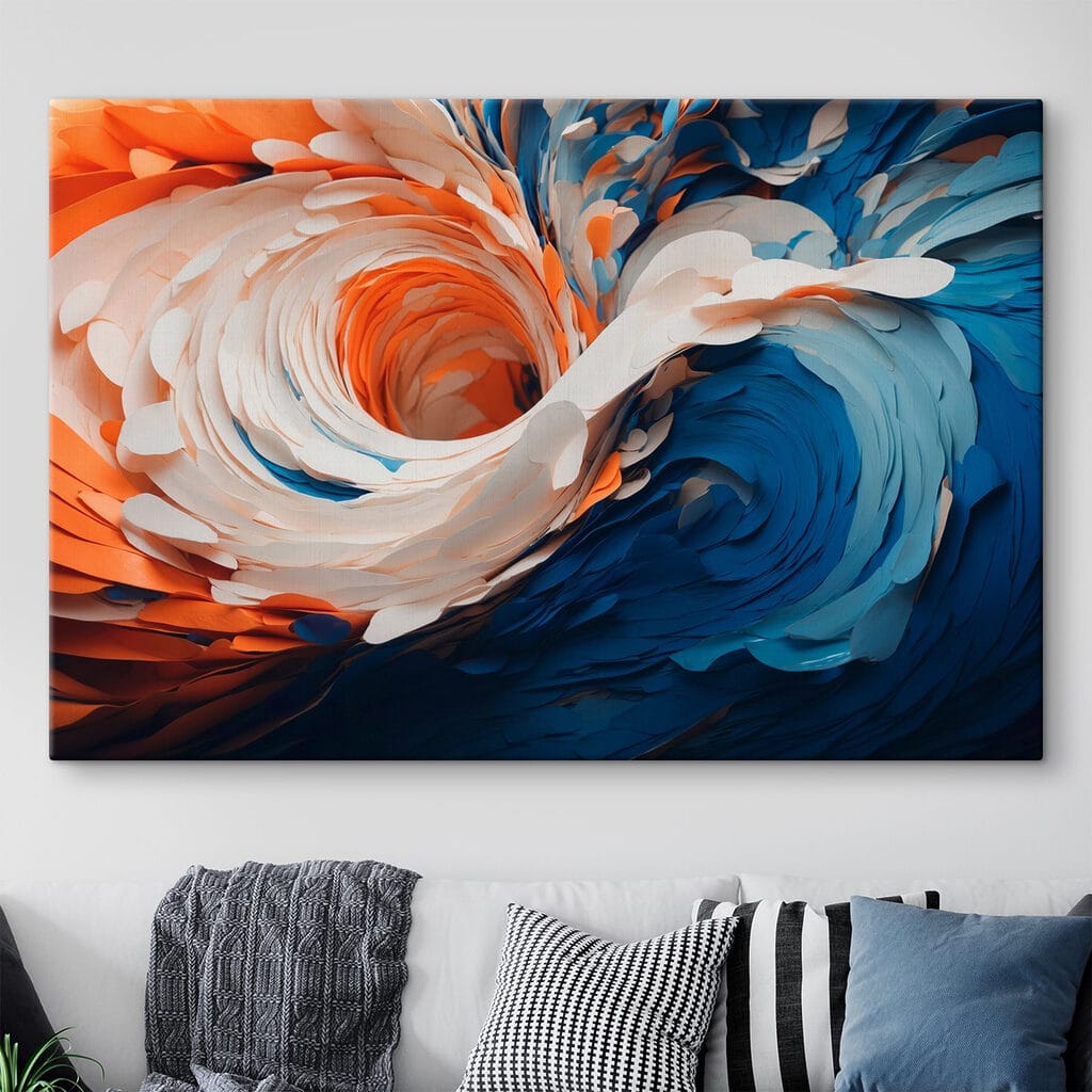 Draaikolk in blauw-oranje verf — interieur 1