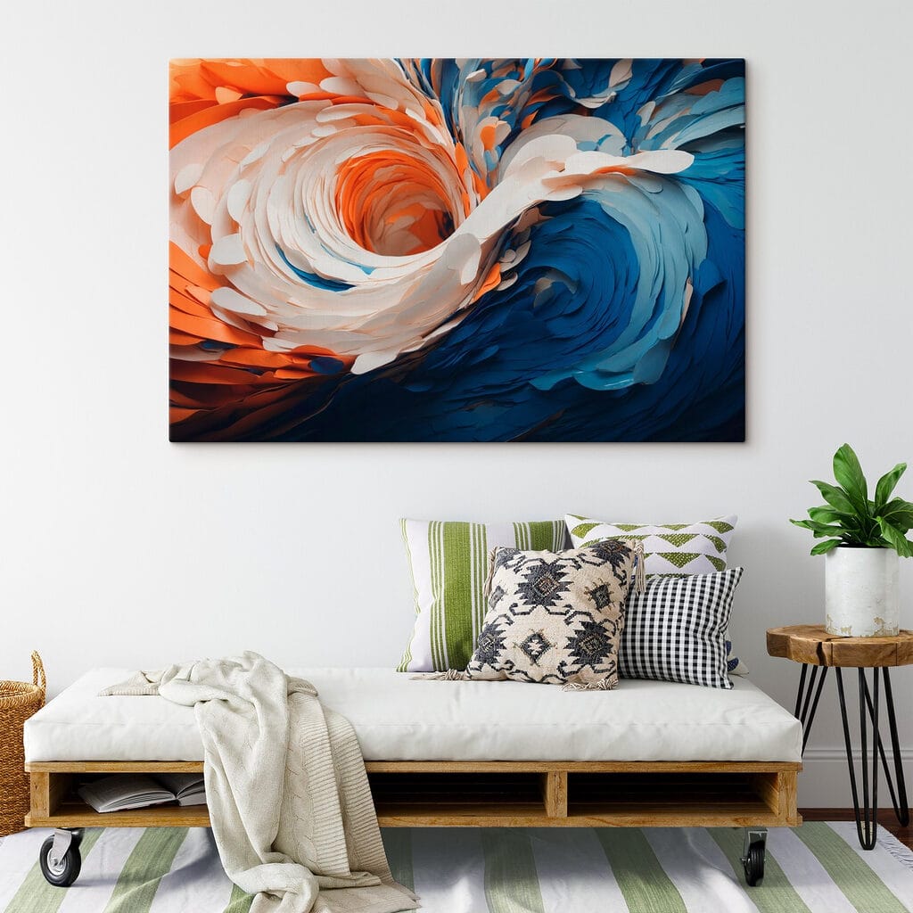 Draaikolk in blauw-oranje verf — interieur 3