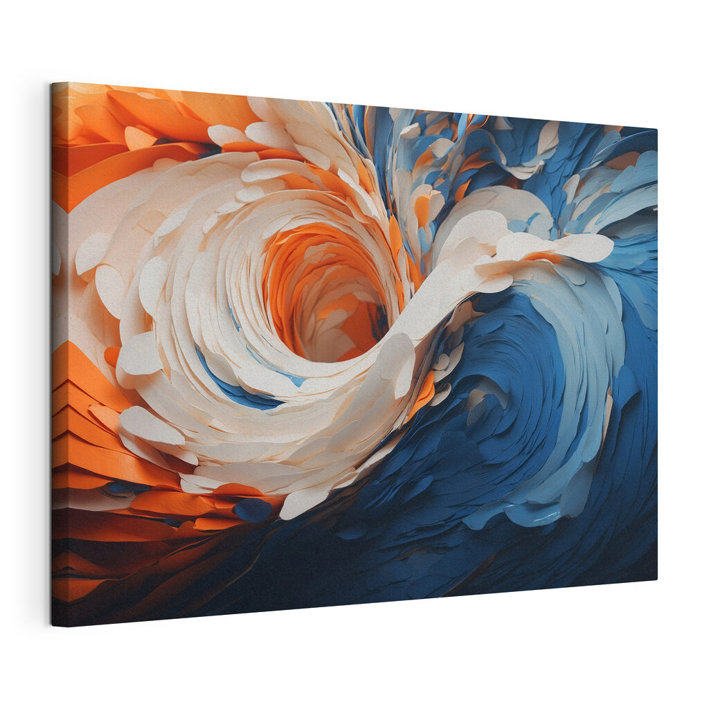 Draaikolk in blauw-oranje verf, gespannen canvas met doorlopende rand