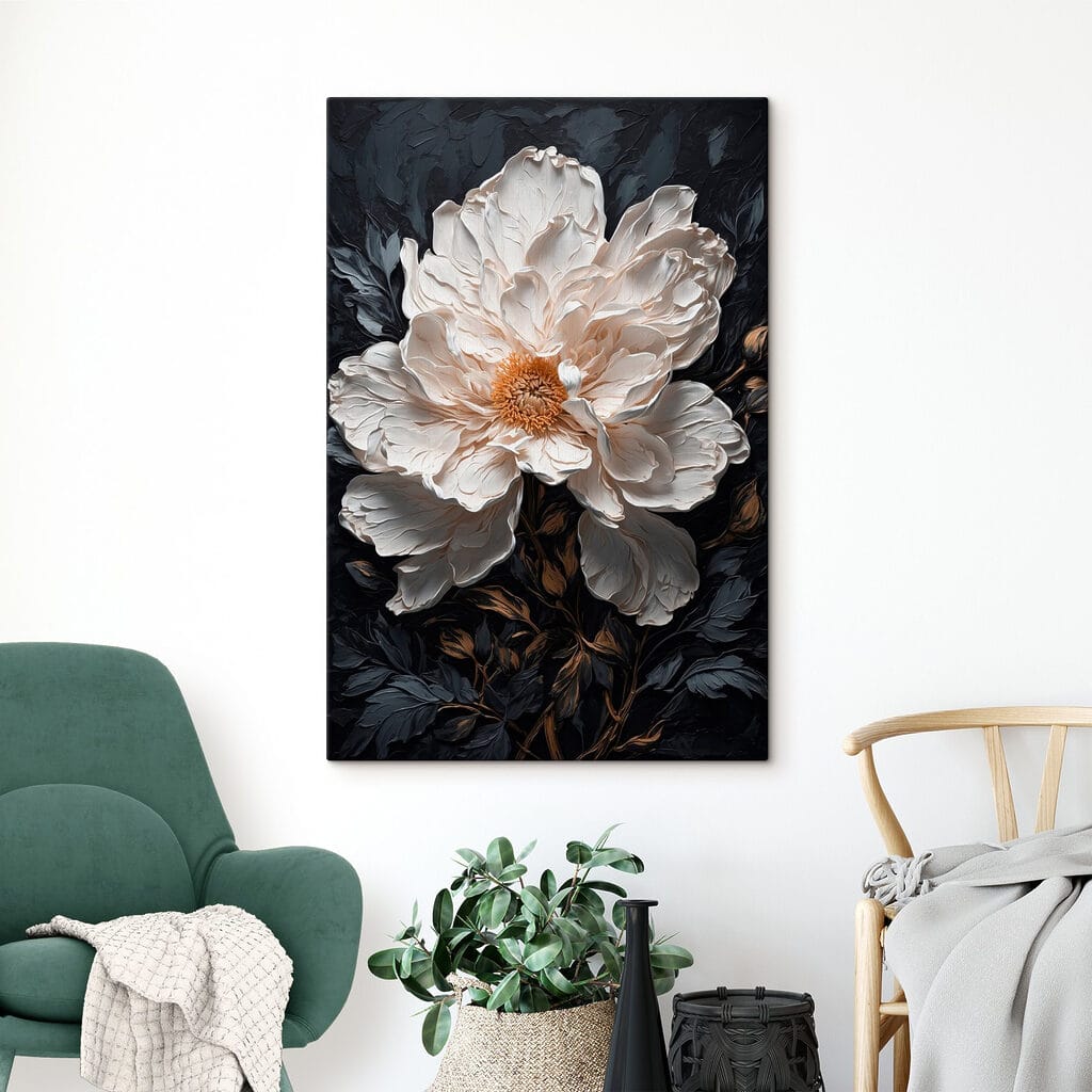 Witte pioen op nachtblauw — interieur 2