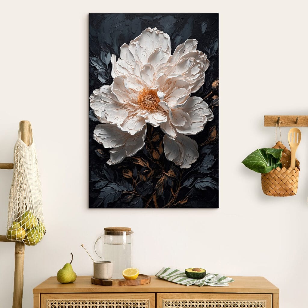 Witte pioen op nachtblauw — interieur 3