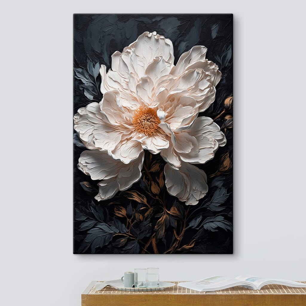 Witte pioen op nachtblauw — interieur 1