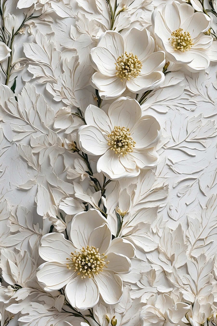 Witte bloemen langs bladlijnen — volledig ontwerp