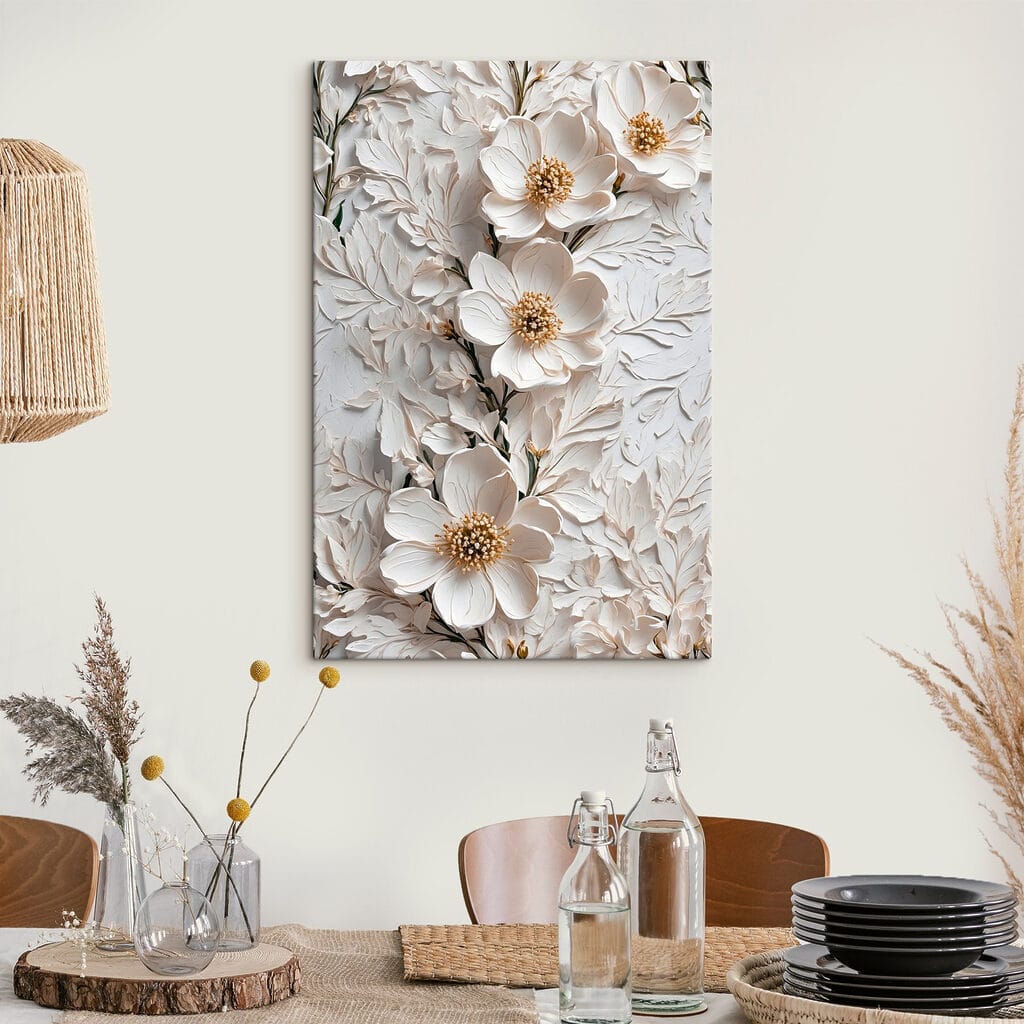 Witte bloemen langs bladlijnen — interieur 1