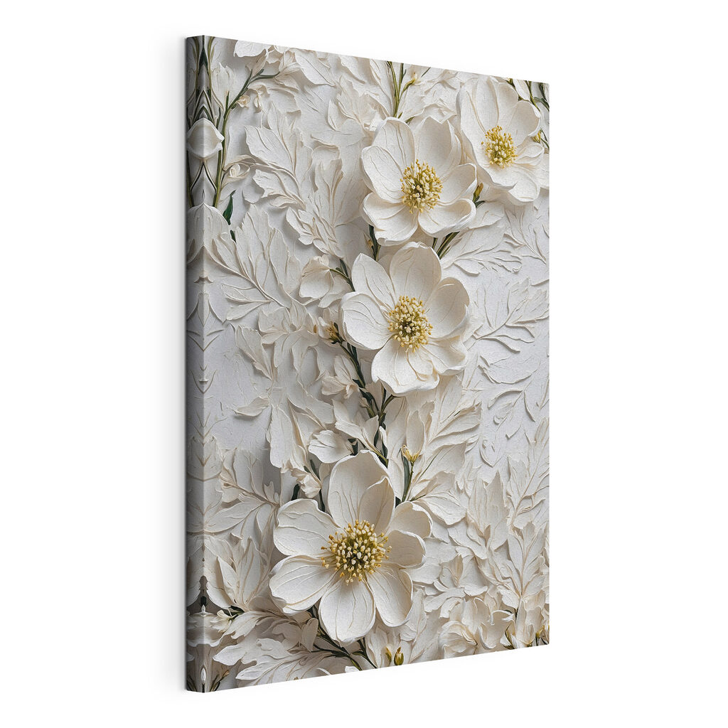 Witte bloemen langs bladlijnen, gespannen canvas met doorlopende rand