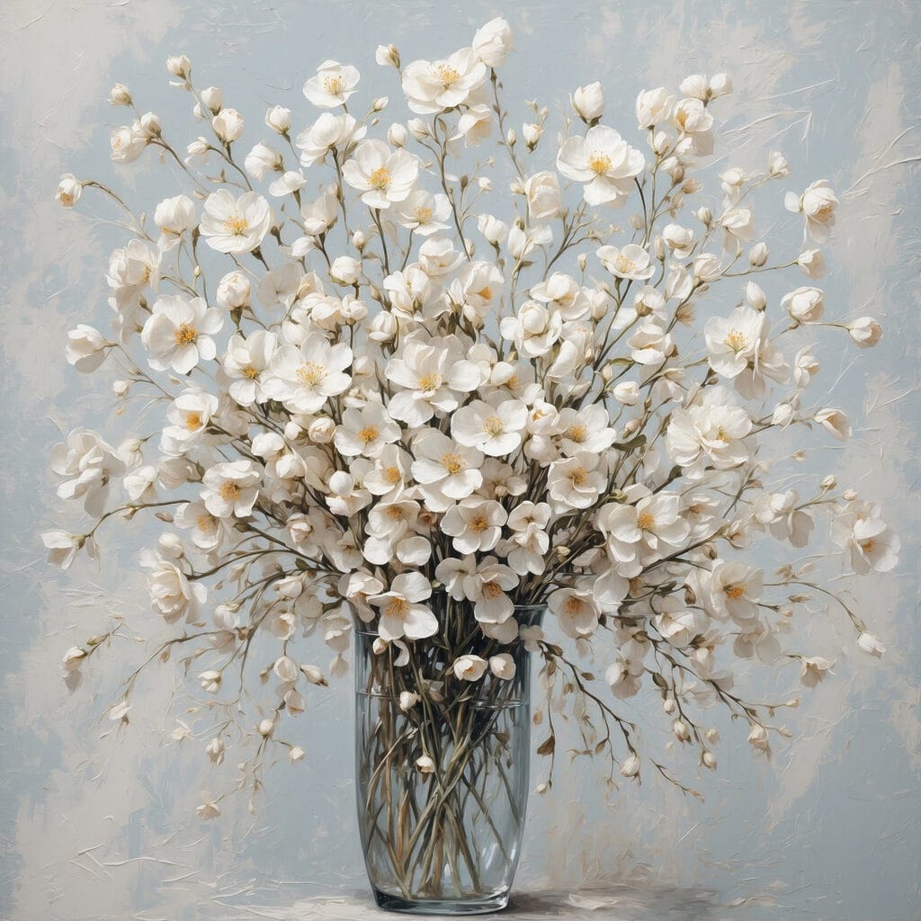Witte bloesem in glas — volledig ontwerp