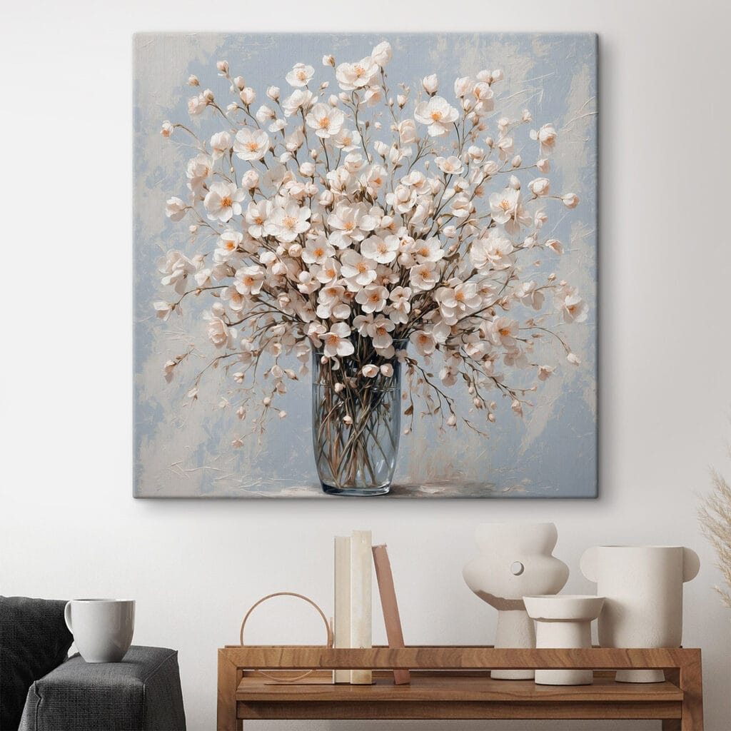 Witte bloesem in glas — interieur 2