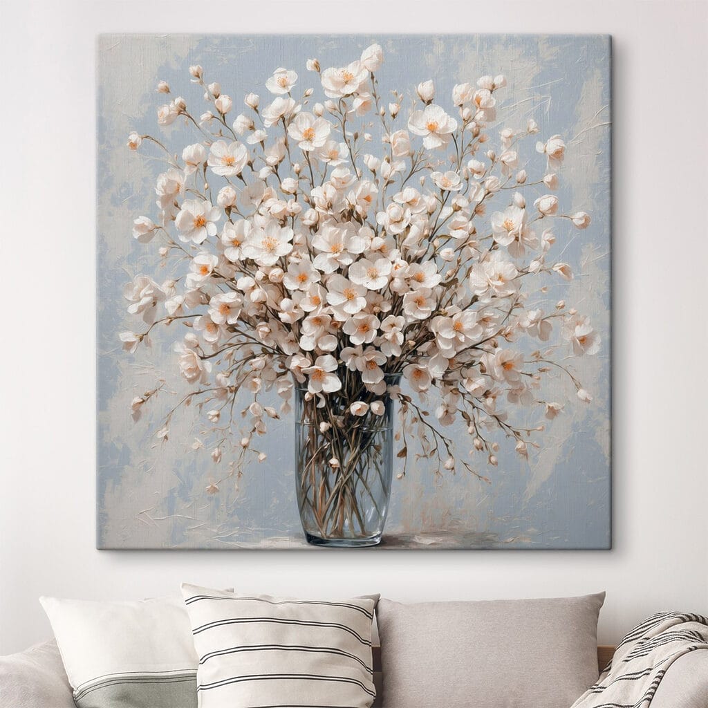 Witte bloesem in glas — interieur 1