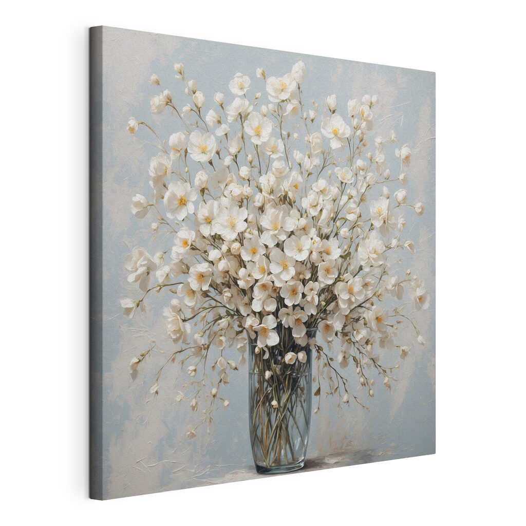 Witte bloesem in glas, gespannen canvas met doorlopende rand