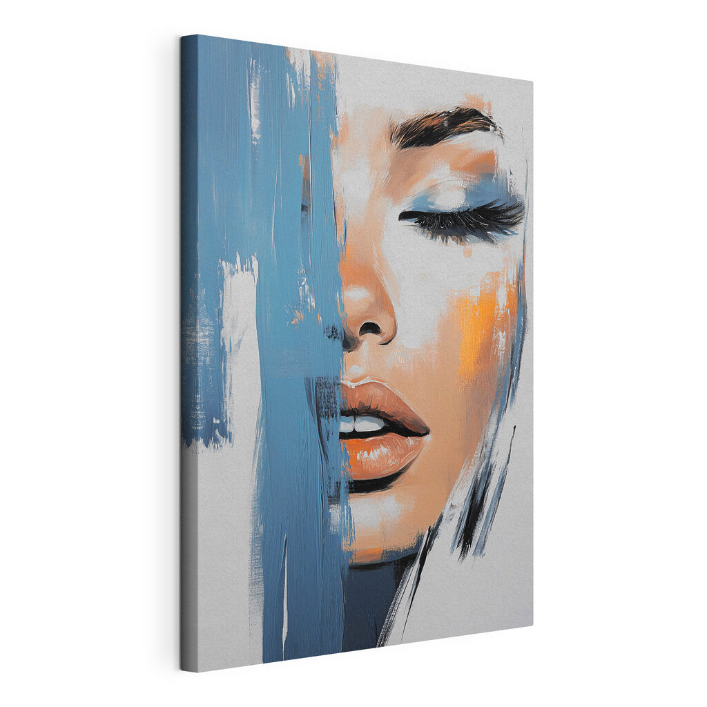 Blik achter blauwe verf, gespannen canvas met doorlopende rand