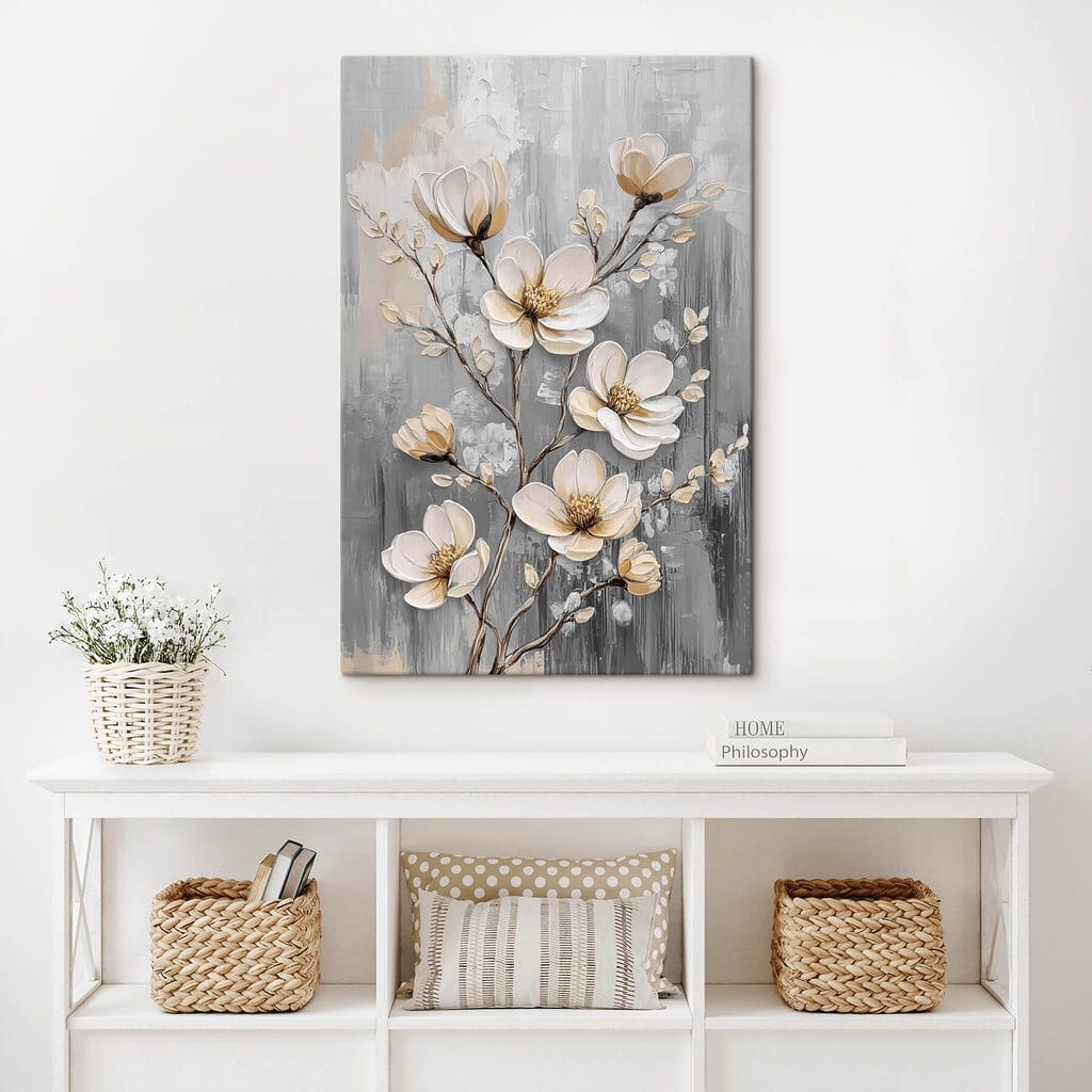 Witte takken langs grijstonen — interieur 2