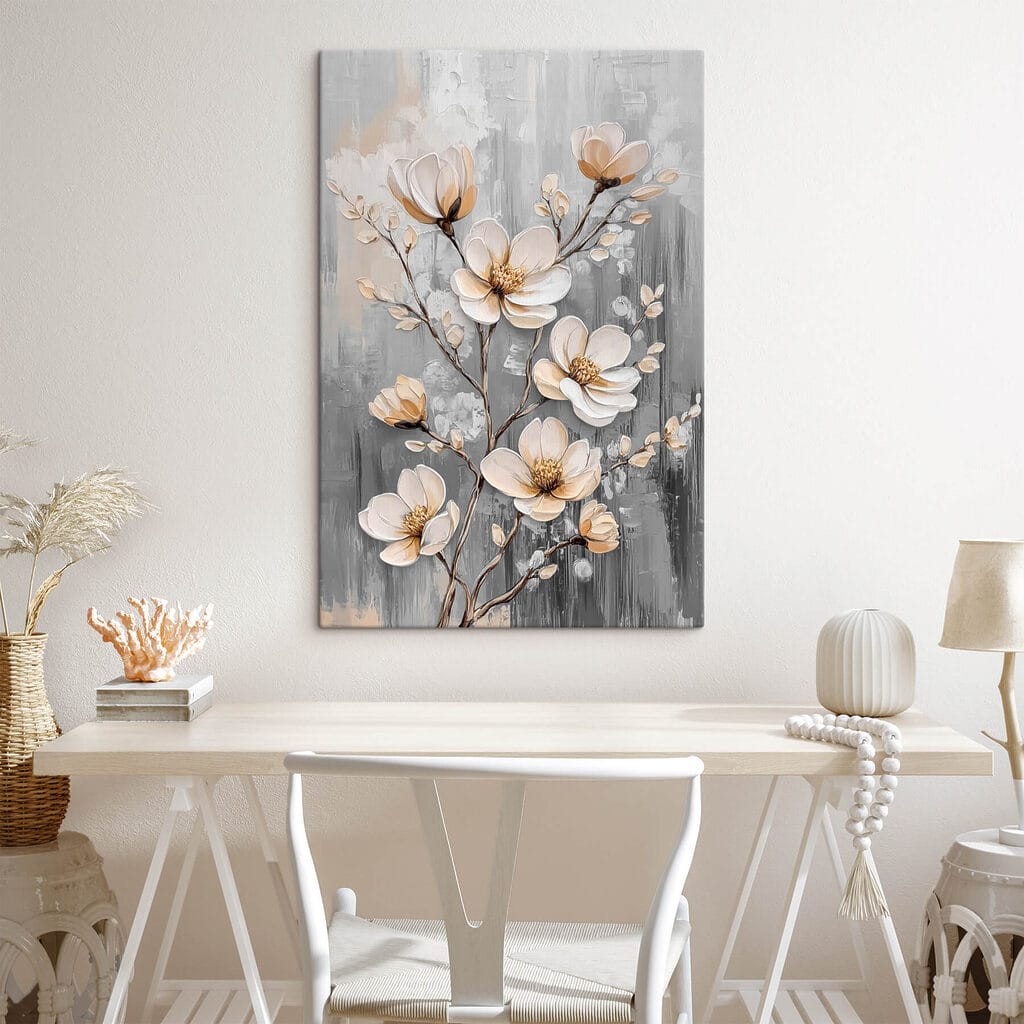 Witte takken langs grijstonen — interieur 1