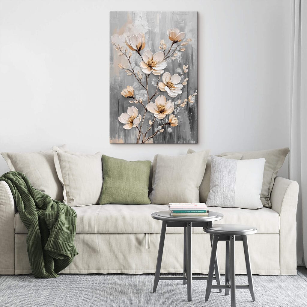 Witte takken langs grijstonen — interieur 3