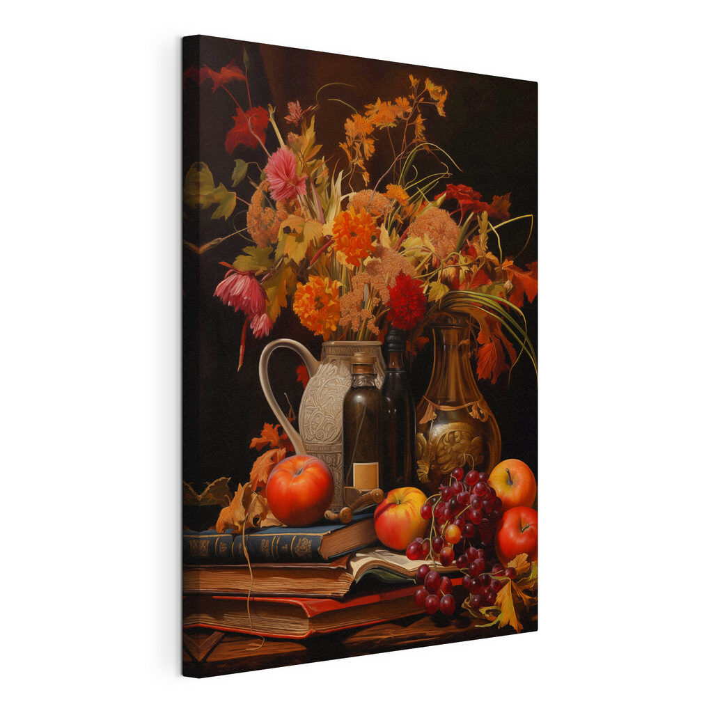 Herfstboeket bij fruit, gespannen canvas met doorlopende rand