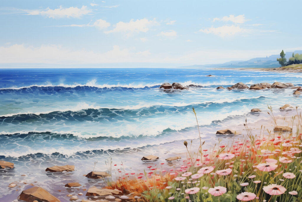 Bloemenstrand onder helderblauw — volledig ontwerp