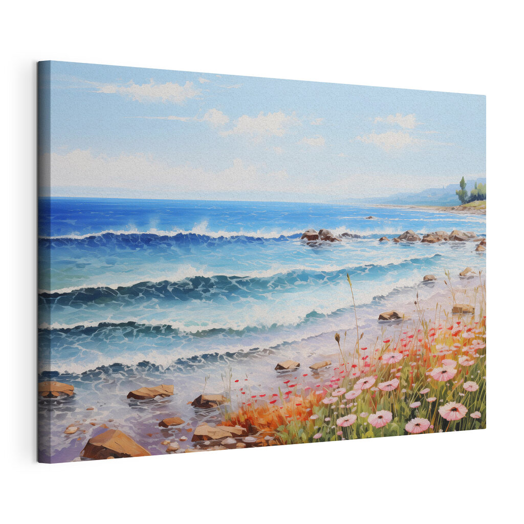 Bloemenstrand onder helderblauw, gespannen canvas met doorlopende rand